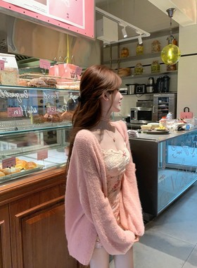 粉色针织开衫吊带连衣裙套装女秋