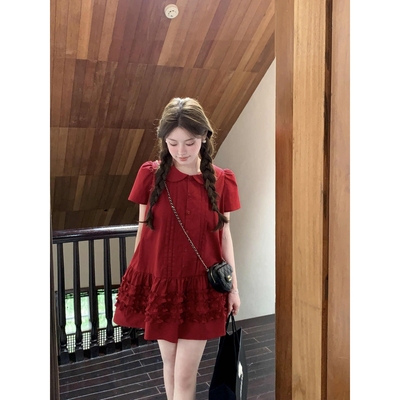 木耳边蛋糕连衣裙女夏娃娃领短裙