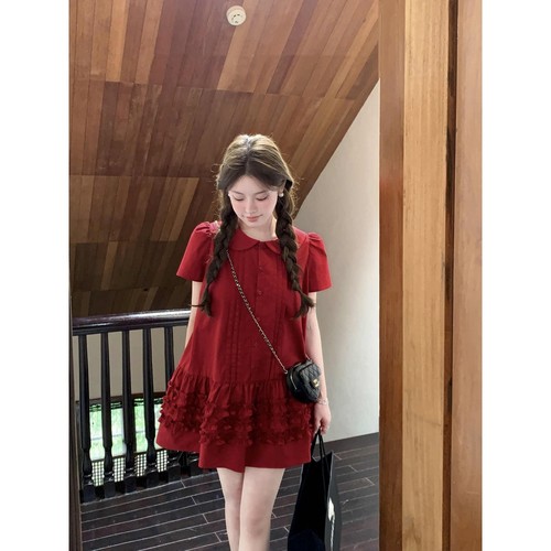 木耳边蛋糕连衣裙女夏娃娃领短裙