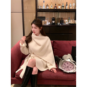 2025新款 韩版 千金风披肩围巾双面呢子大衣女加厚系带斗篷毛呢外套