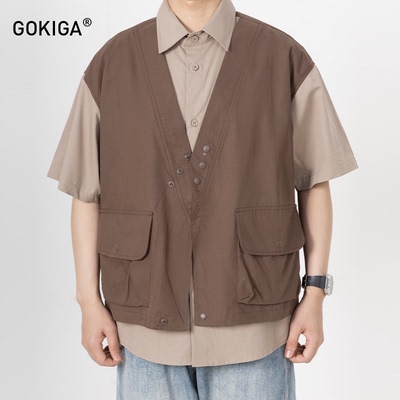 GOKIGA夏潮流撞色假两件短袖衬衫