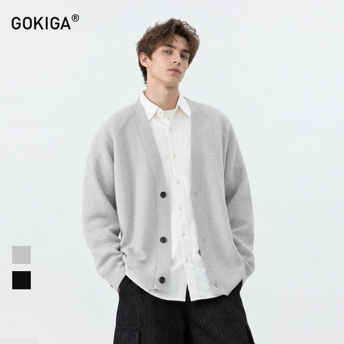 GOKIGA秋冬复古休闲V领开衫毛衣