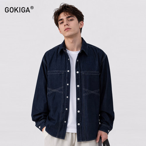 GOKIGA复古宽松水洗牛仔衬衫男秋