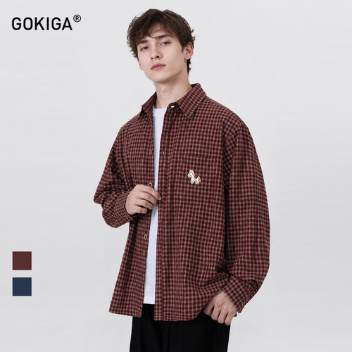 GOKIGA潮牌复古撞色格子长袖衬衫