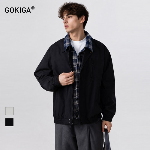 GOKIGA复古假两件格子翻领夹克