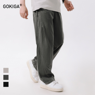 GOKIGA宫崎迦美式宽松直筒休闲裤百搭拼接弯刀工装裤高街阔腿2504