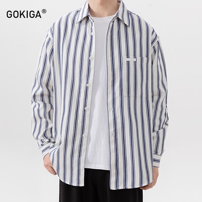 GOKIGA日系复古撞色条纹衬衫外套