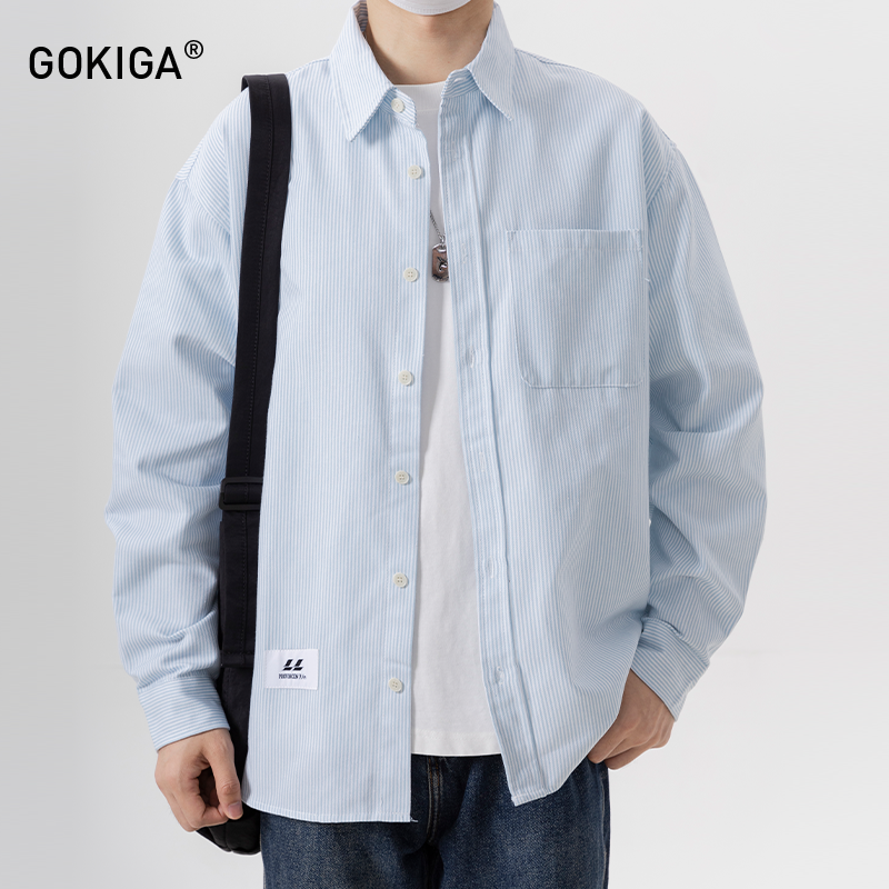 GOKIGA日系简约细条纹长袖衬衫男