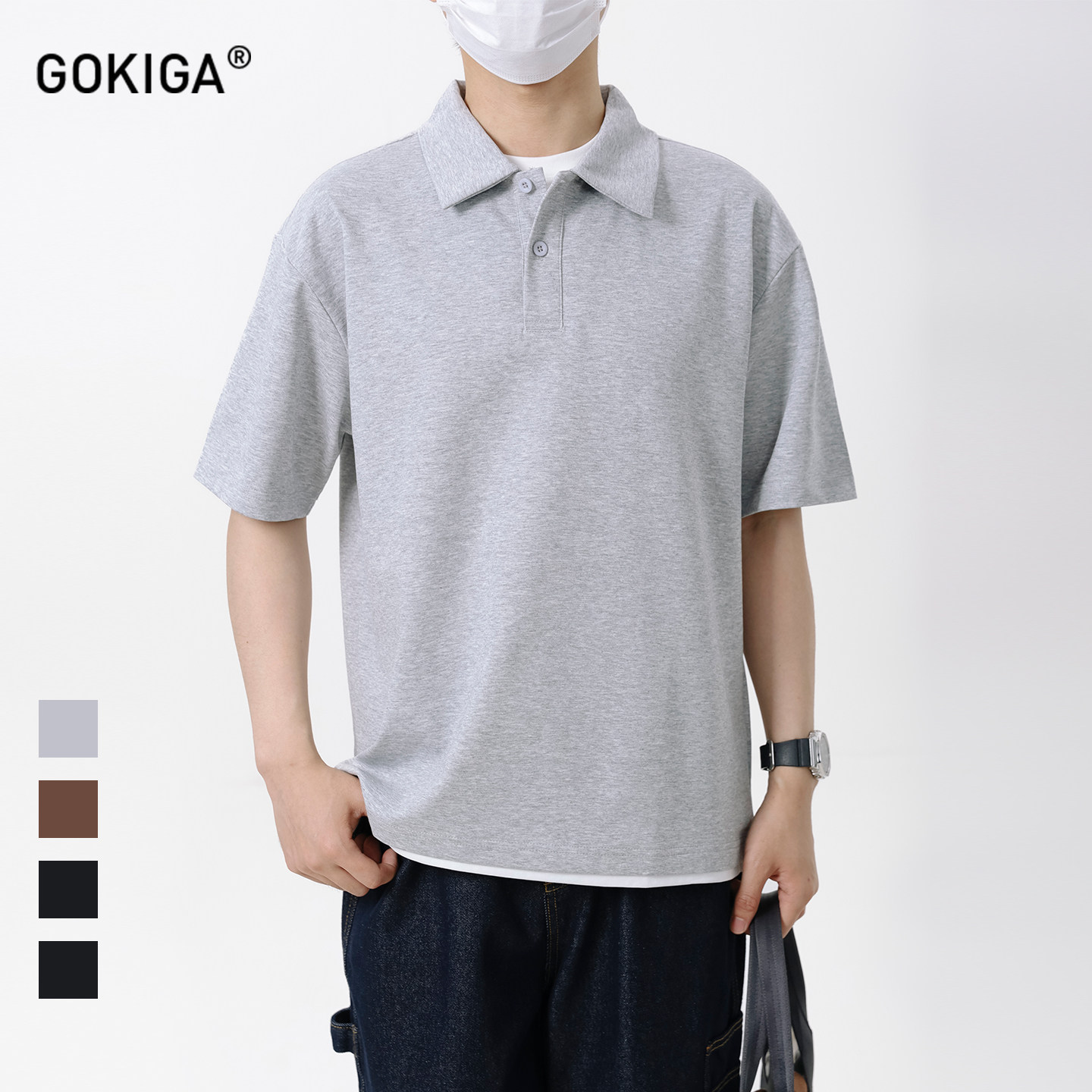 GOKIGA宫崎迦夏季简约纯色假两件短袖polo男潮牌宽松休闲T恤6403