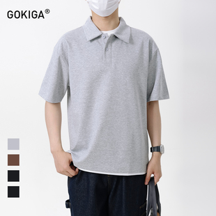 GOKIGA宫崎迦夏季简约纯色假两件短袖polo男潮牌宽松休闲T恤6403
