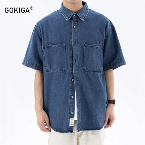 春夏季潮牌百搭牛仔短袖衬衫男士