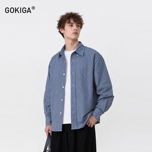 GOKIGA美式复古纯棉格子长袖衬衫