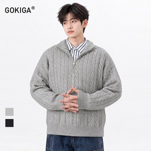 GOKIGA潮流半拉链绞花立领毛衣男