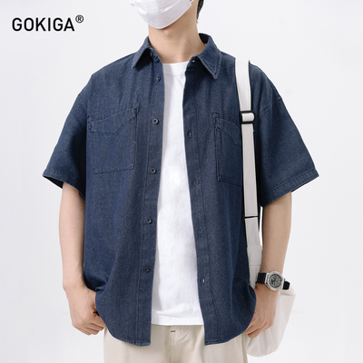 GOKIGA夏季牛仔短袖宽松工装衬衫