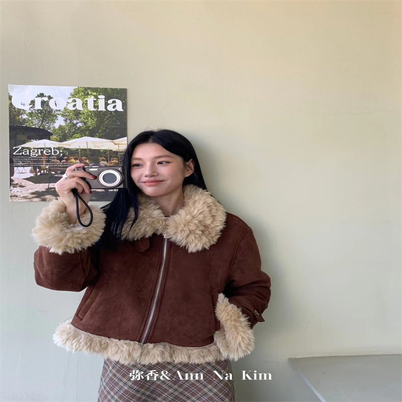 弥香复古毛毛短款外套女2024冬季环保皮草机车服皮毛一体加厚上衣