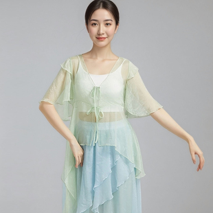 新款 上衣中国舞练功服身韵服成人 古典舞蹈服女飘逸纱衣演出服短袖