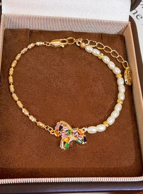 彩色锆石小马手链轻奢小众精致珍珠手串女生2026年属马本命年手饰