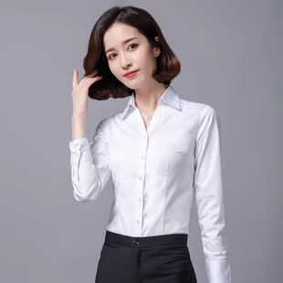 气质前台酒店银行面试正装 不透修身 上衣寸 女士长袖 V领职业白衬衫