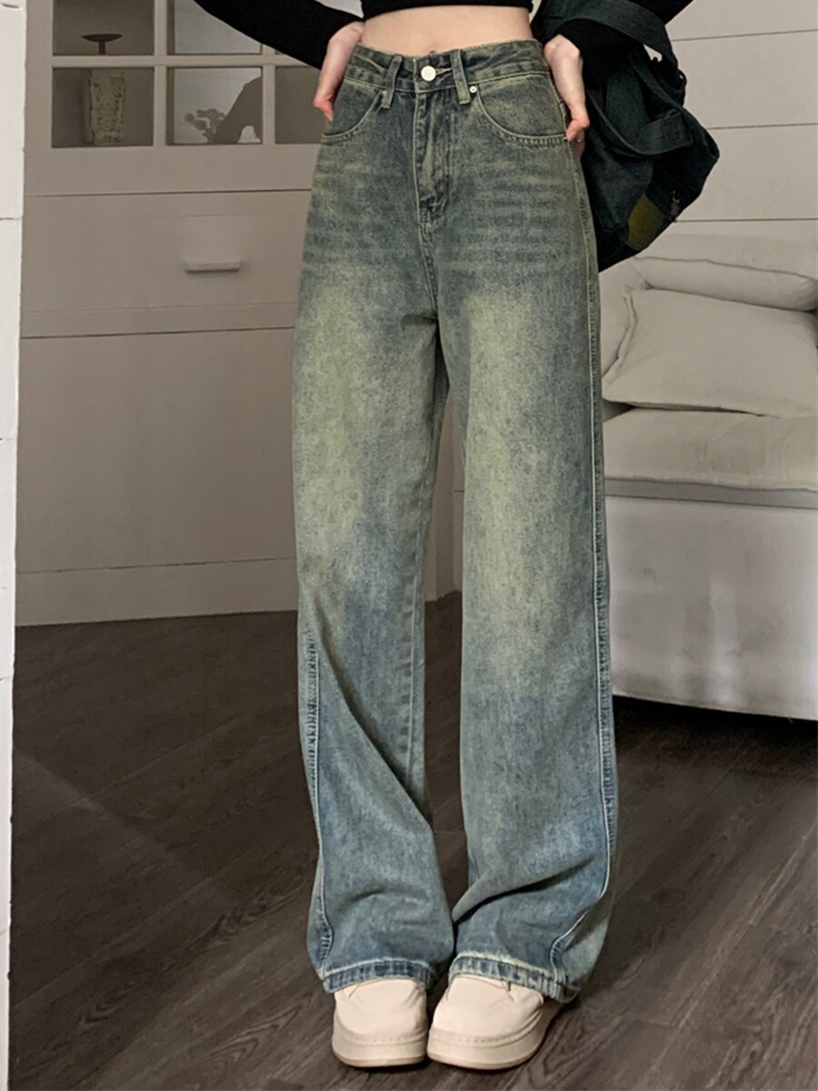 아메리칸 레트로 워시 디스트레스드 스트레이트 청바지 여성 봄 가을 새로운 하이 웨이스트 루즈 슬림 다용도 와이드 레그 팬츠