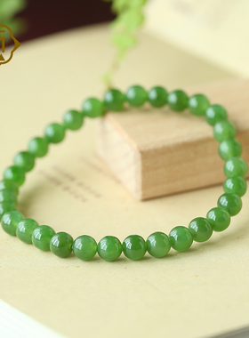 顽石灵 收藏级浓郁深沉老坑菠菜绿碧玉和田玉圆珠单圈手串W2-179