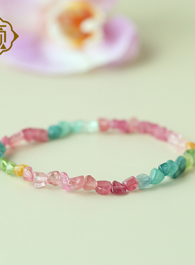 顽石灵 彩虹的人间投影收藏级随形彩碧玺单圈手串W1-417P