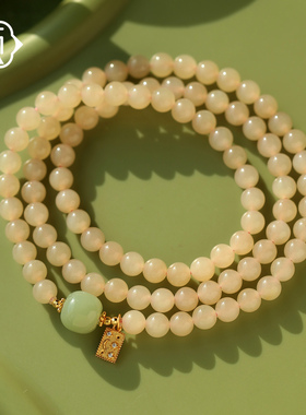 顽石灵收藏级青海藕粉细肉和田玉S925银设计款手串W2-359