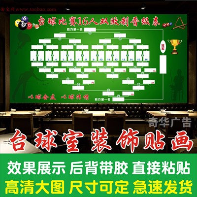 16人双败制桌球台球室比赛晋级表排名榜海报贴画写真自粘背胶贴纸