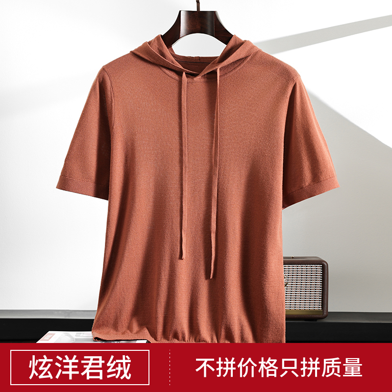 2025春夏新款100%精纺羊毛短袖男连帽套头纯色商务休闲针织衫毛衣