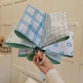 蓝色格子碎花雨伞女晴雨两用彩胶超防晒紫外线户外遮阳弯钩太阳伞