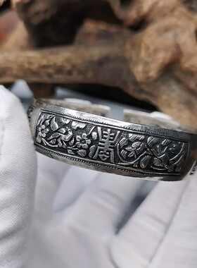 绣色绣吾颜老银镯龙凤镯头开窗花卉寿字纹剃刻工工艺宽镯