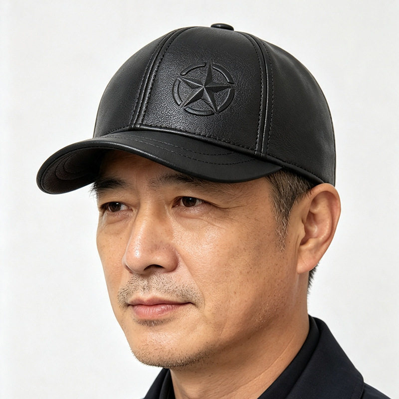 五星羊皮棒球帽男短帽檐真皮鸭舌帽子