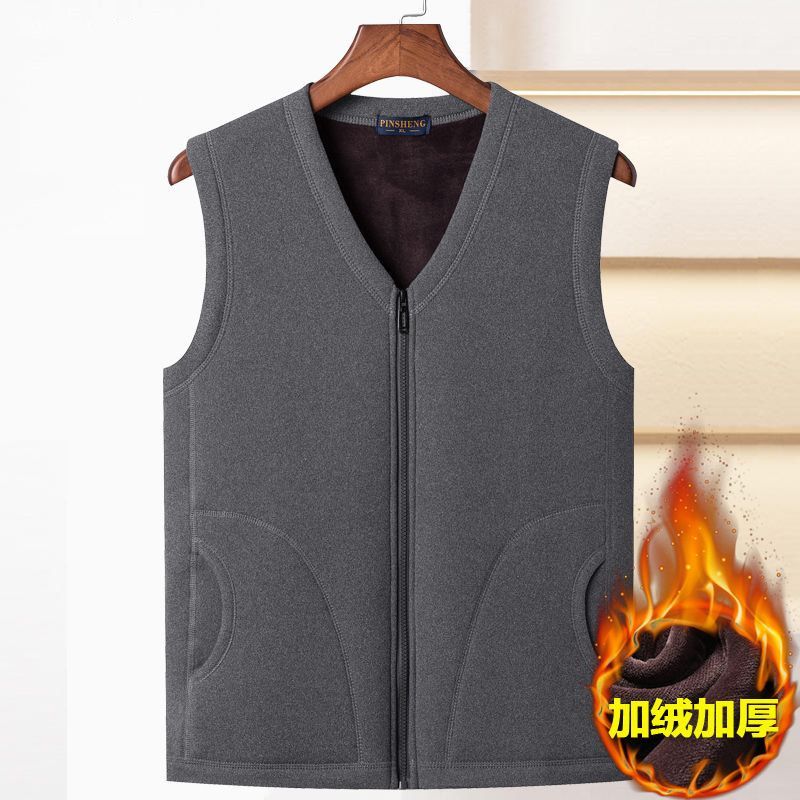 秋冬中年男装V领拉链加绒加厚马甲背心中老年爸爸装保暖坎肩开衫