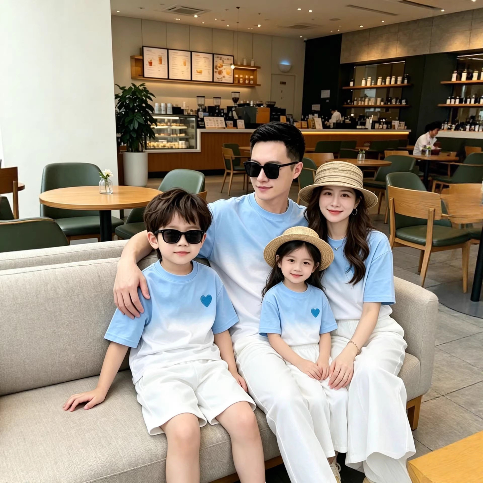 亲子装短袖T恤夏季2026新款男女童装一家三口母子母女装渐变蓝色