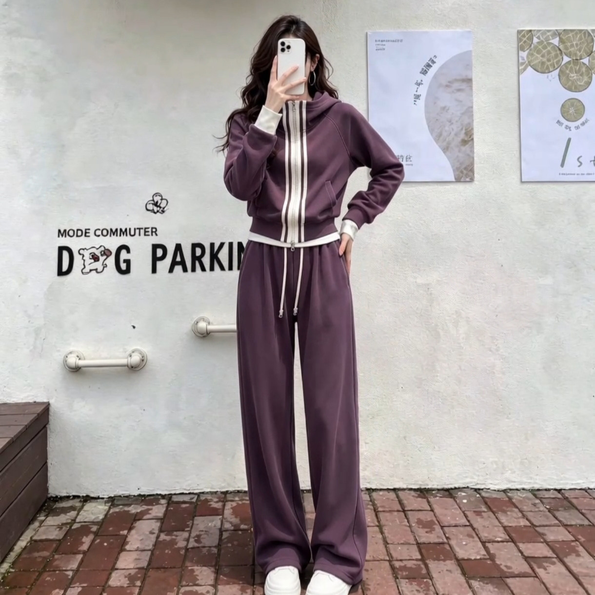韩系高级感紫色休闲运动套装女春秋炸街减龄洋气卫衣阔腿裤两件套