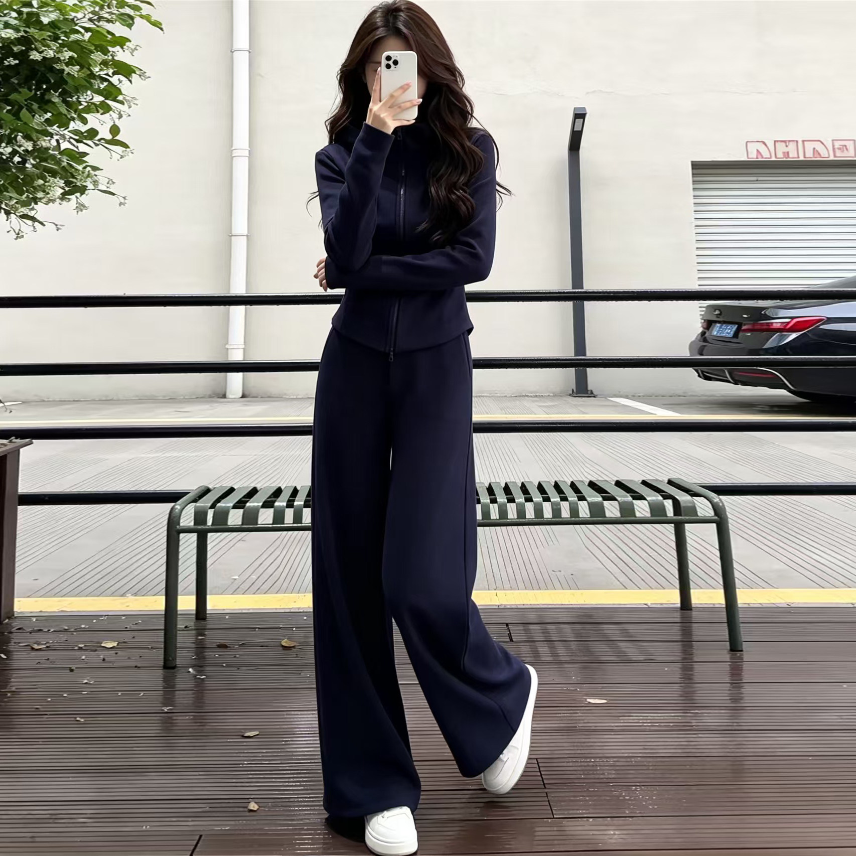 韩系慵懒藏蓝色休闲运动套装女春秋季减龄洋气显瘦卫衣外套两件套