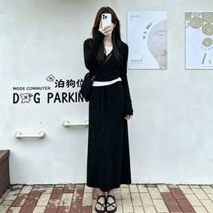 韩系黑色休闲运动套装女春秋炸街减龄洋气连帽卫衣半身裙两件套装