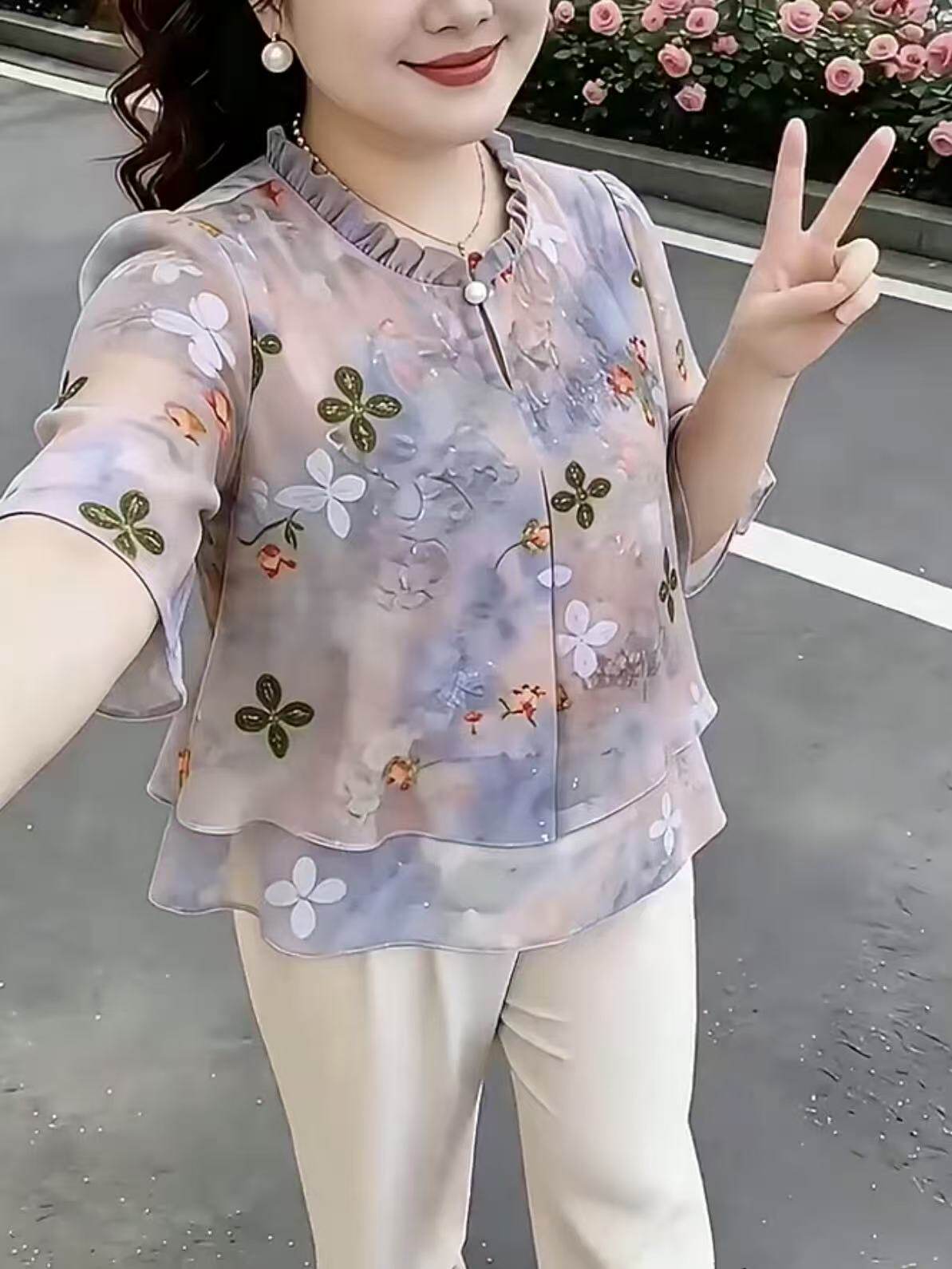 2026夏季新款女士设计感中年妈妈时髦显瘦碎花衬衫大码胖MM女装潮