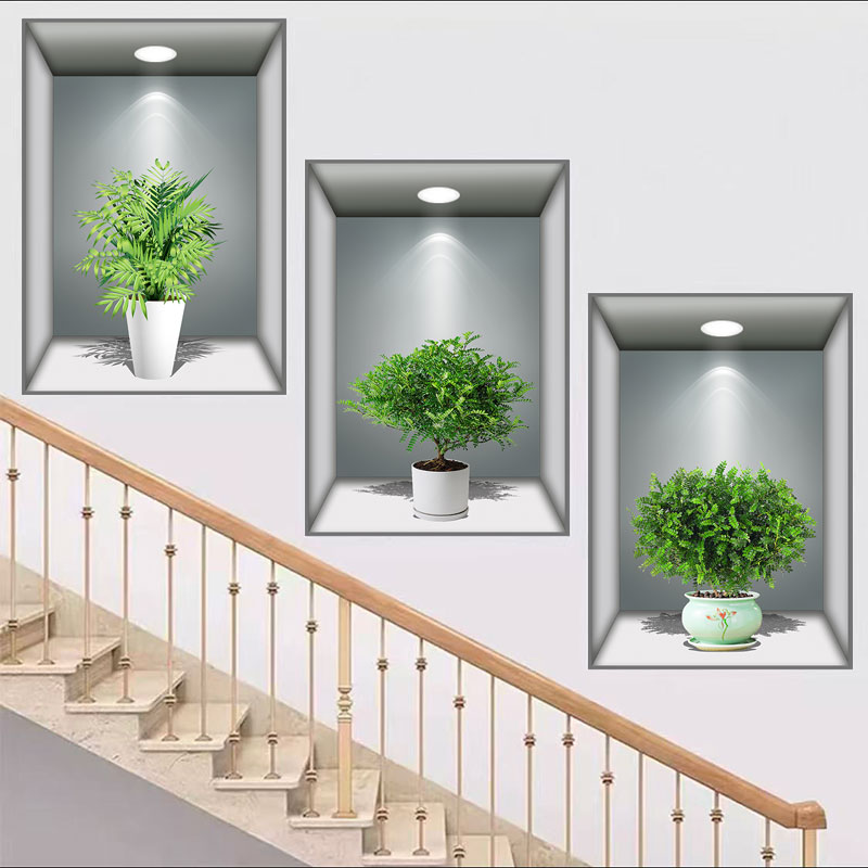 绿色植物花卉3D效果盆栽贴画过道楼梯装饰画宾馆餐厅壁画自粘画图片
