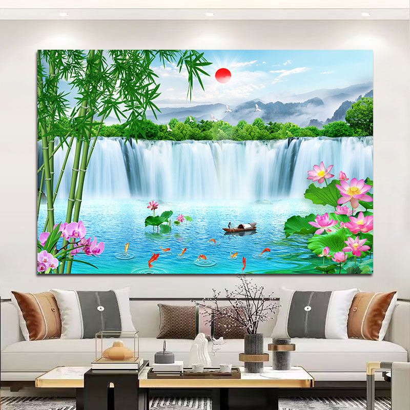 瀑布竹子九鱼图客厅书房背景墙装饰画荷花流水生财招财卧室墙挂画