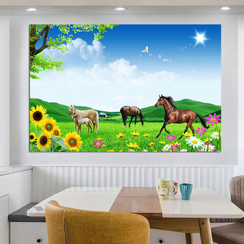草原风景挂画骏马蓝天白云大草原客厅装饰画动物千里马墙壁画自粘