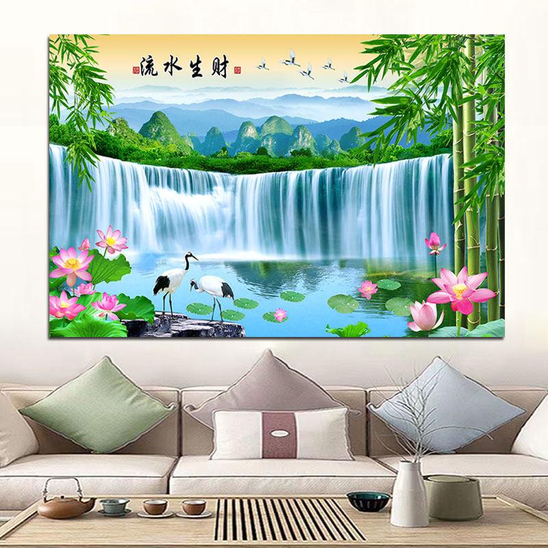 自然山水风景画瀑布青山绿水流水生财荷花竹子招财客厅装饰画自粘