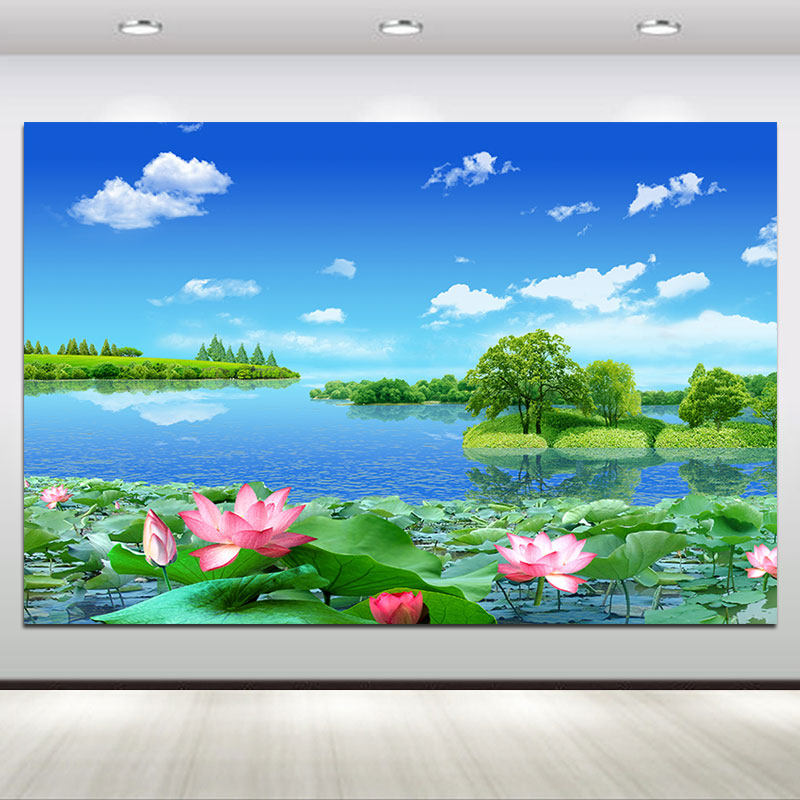 蓝天白云荷花山水风景画田园风光湖泊湖水唯美客厅卧室装饰画壁画