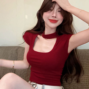 修身 夏装 显瘦设计感辣妹纯欲风上衣女 T恤女2025新款 方领挂脖短袖