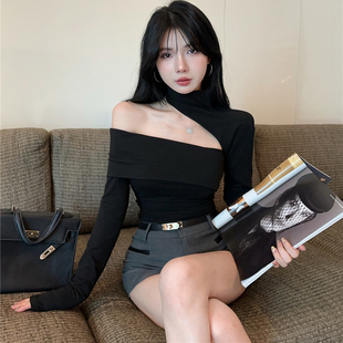 纯欲辣妹一字肩抹胸上衣女性感挂脖露肩长袖t恤高级感打底衫内搭