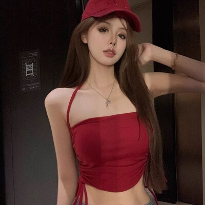 红色复古挂脖短款褶皱吊带背心