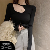 性感修身 t恤女紧身春秋季 辣妹上衣 独特别致设计感长袖 黑色打底衫