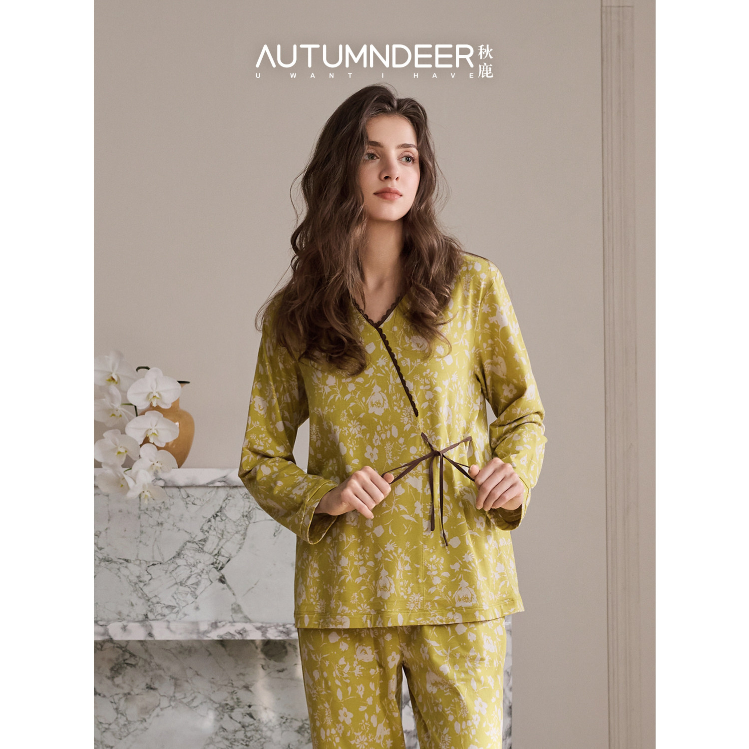 秋鹿云朵衣蕾丝睡衣女春秋款针织纯棉优雅碎花V领长袖家居服套装