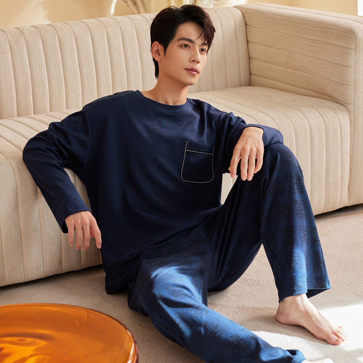 秋鹿简约休闲纯色睡衣男款春秋季纯棉圆领长袖长裤早秋家居服套装