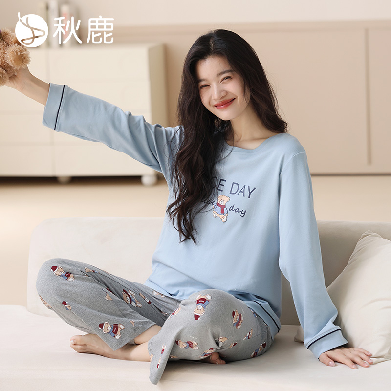 秋鹿女纯棉针织双面印花圆领睡衣