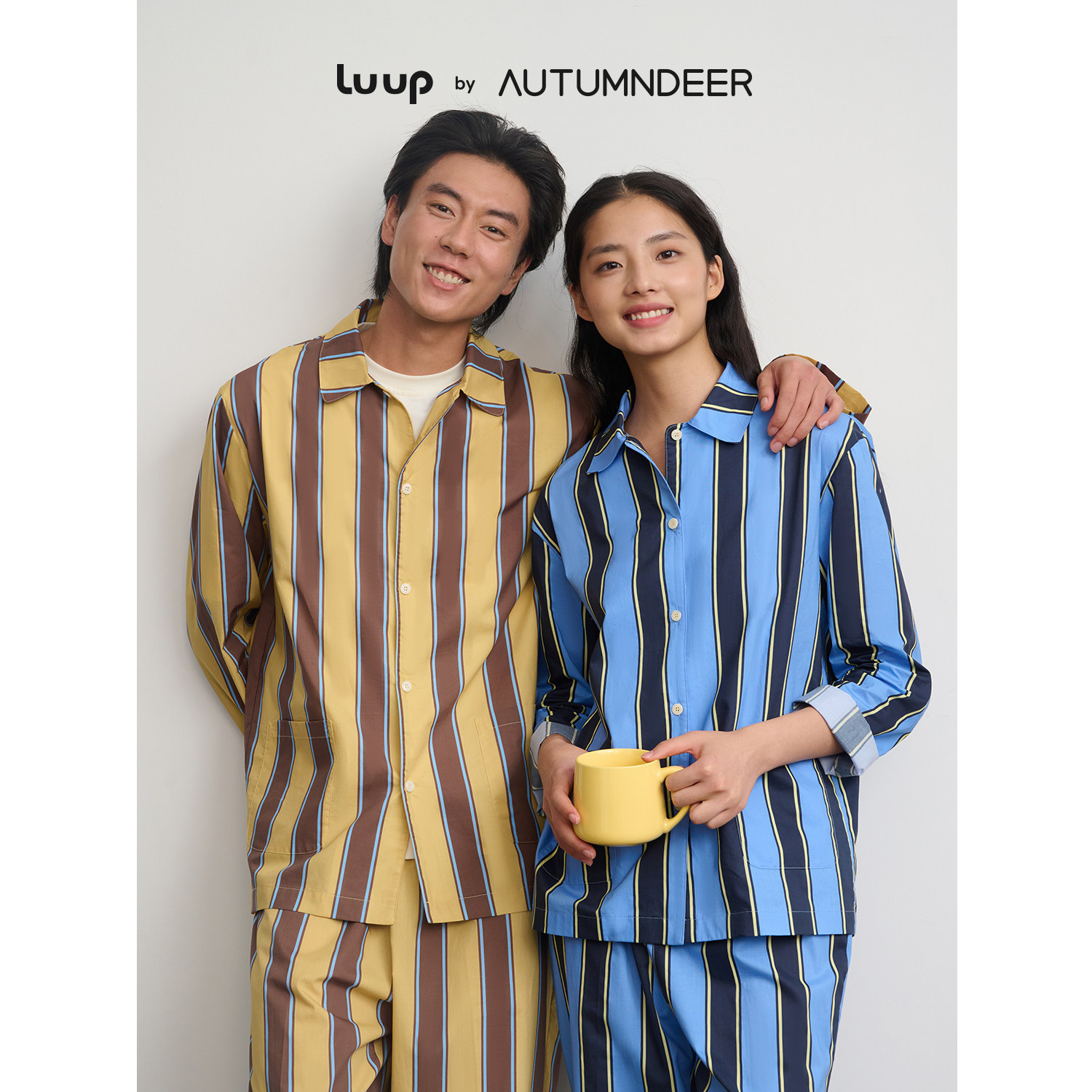 秋鹿【晓红系列】高品质睡衣女士春季开衫翻领条纹长袖长裤家居服